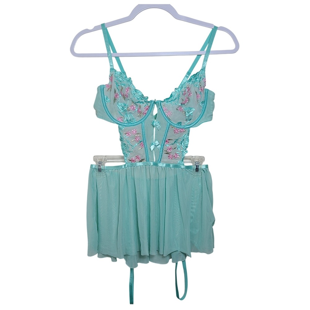 Mint Green Floral Embroidered Mesh Teddy Bodysuit with‎ Skirt M Lingerie